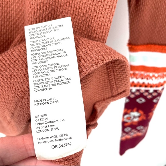 Free People Mikah Notch Neck Boho Long Sleeve Thermal Autumn Orange Printed Cuff - Picture 9 of 9